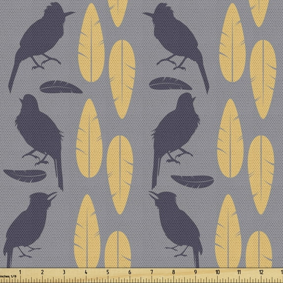 Animal Fabric by the Yard Upholstery, Abstract Symmetric Repeated Beaked Bird Silhouettes Flying Feathers, Decorative Fabric for DIY and Home Accents, Taupe Grey Mustard Quartz by Ambesonne
