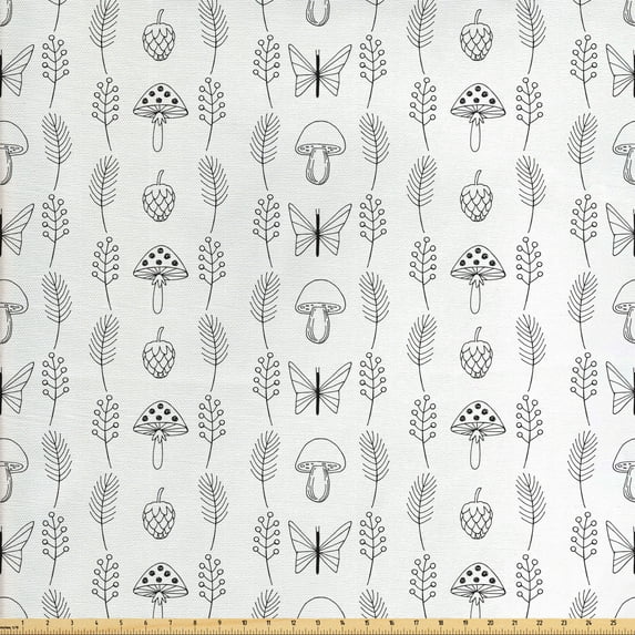 Animal Fabric by the Yard Upholstery, Autumn Herbs Mushroom and Pine Cones Sketch in Monochromatic Tones Print, Decorative Fabric for DIY and Home Accents, White Charcoal Grey by Ambesonne