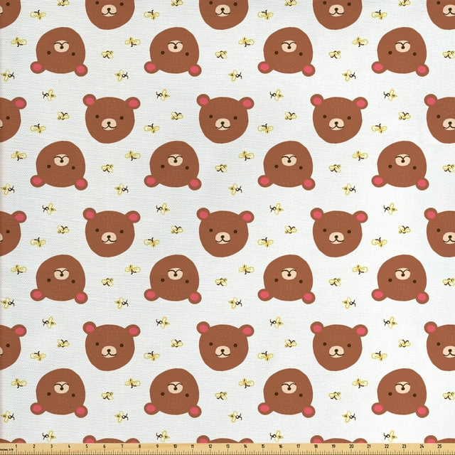 Ambesonne Animal Fabric by the Yard Upholstery, Bear and Bee Cartoon, 5 Yards, Multicolor