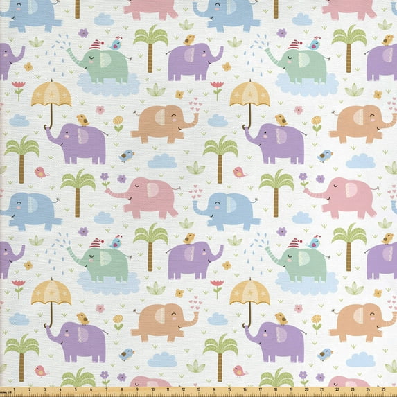 Animal Fabric by the Yard Upholstery, Jungle Wildlife Pattern Joyful Animal Characters Woodland Theme, Decorative Fabric for DIY and Home Accents, Multicolor by Ambesonne
