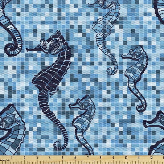 Ambesonne Sealife Fabric by the Yard Upholstery, Ocean Mosaic Pattern, 2 Yards, Navy Turquoise