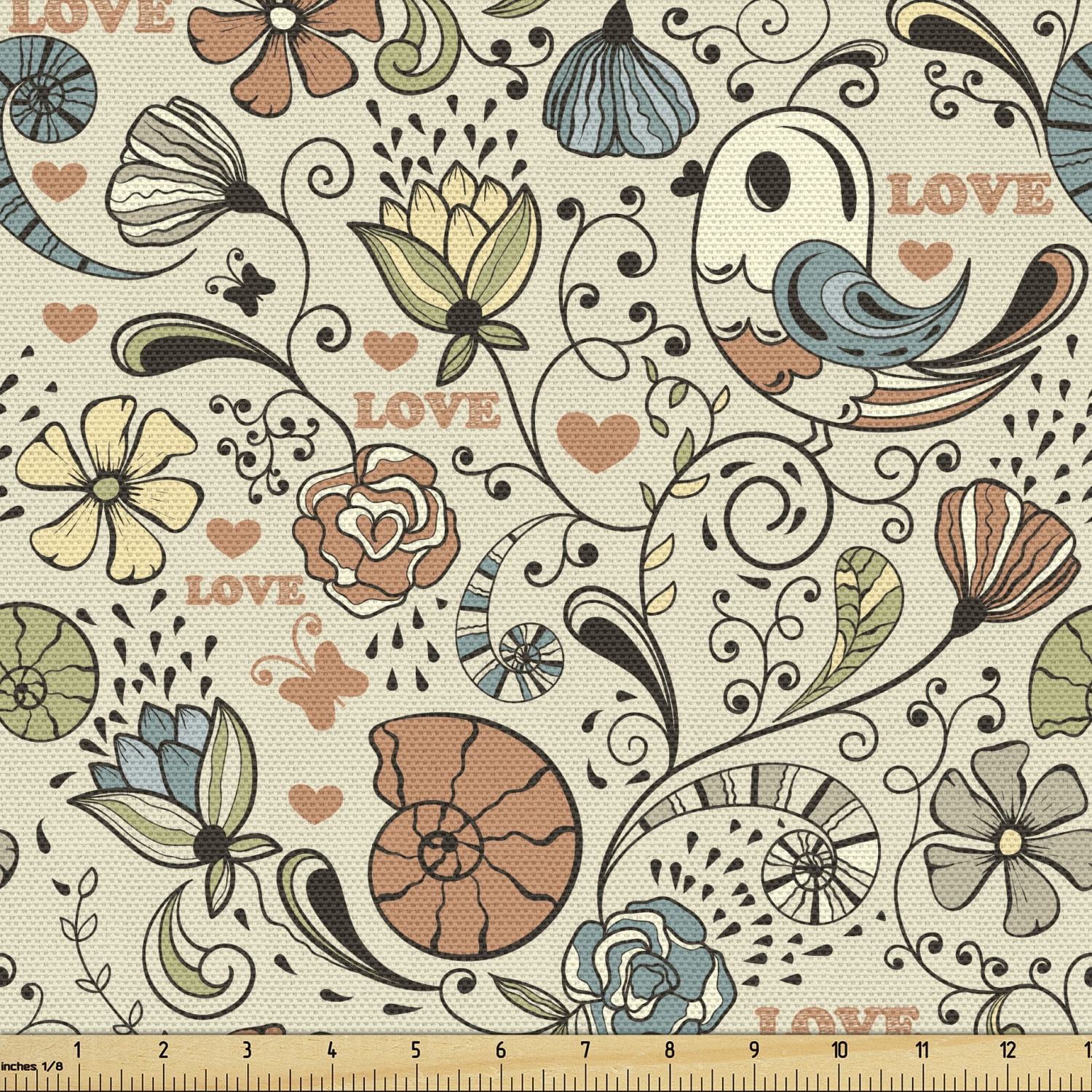 Ambesonne Animal Fabric by the Yard Upholstery, Birds Flowers Snails