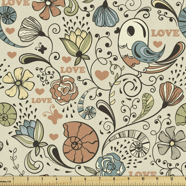 Ambesonne Animal Fabric by the Yard Upholstery, Birds Flowers Snails