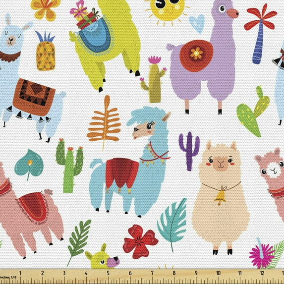 Ambesonne Animal Fabric by the Yard Upholstery, Llama Alpaca Cactus Leaves, 2 Yards, Multicolor