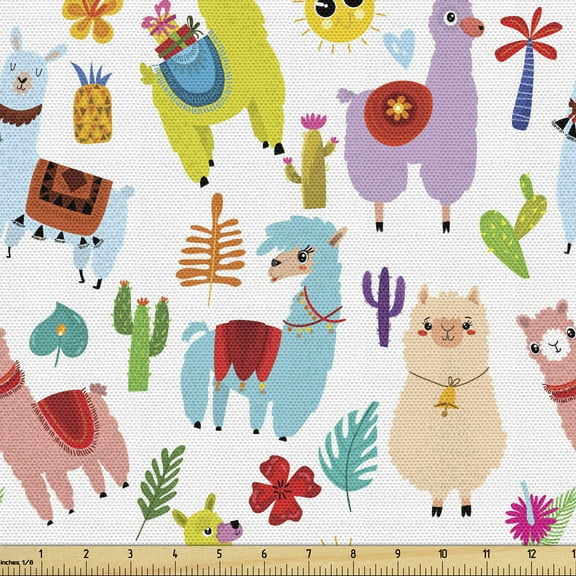 Animal Fabric by the Yard Upholstery, Playroom Pattern with Llama Alpaca Cactus and Leaves Design, Decorative Fabric for DIY and Home Accents, 3 Yards, Multicolor by Ambesonne