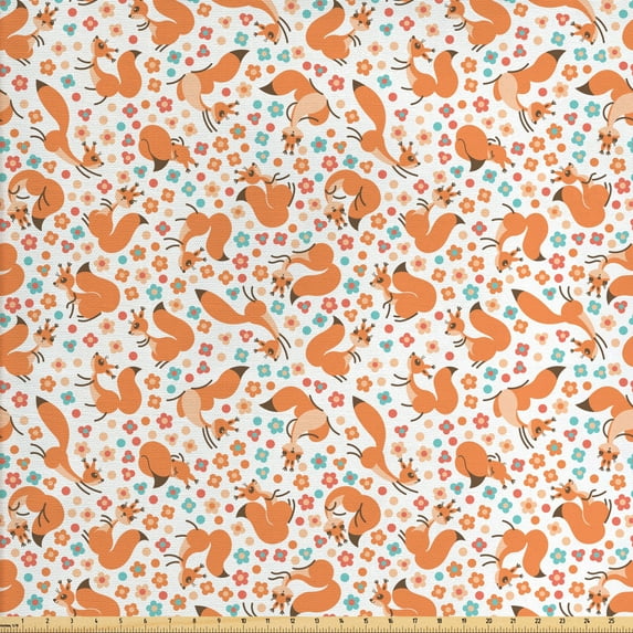 Animal Fabric by the Yard Upholstery, Squirrels with Colorful Flowers Summer Season Woodland Flora and Fauna, Decorative Fabric for DIY and Home Accents, Pale Orange Pale Blue by Ambesonne