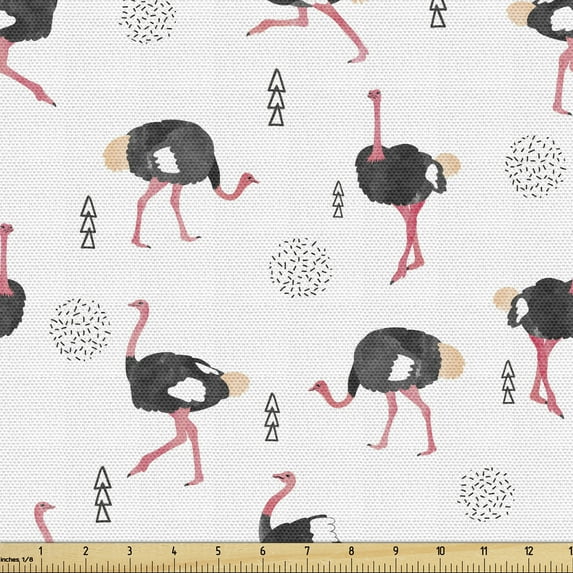 Ambesonne Animal Fabric by the Yard Upholstery, Watercolor Style Ostriches, 2 Yards, Pastel Pink Dark Grey