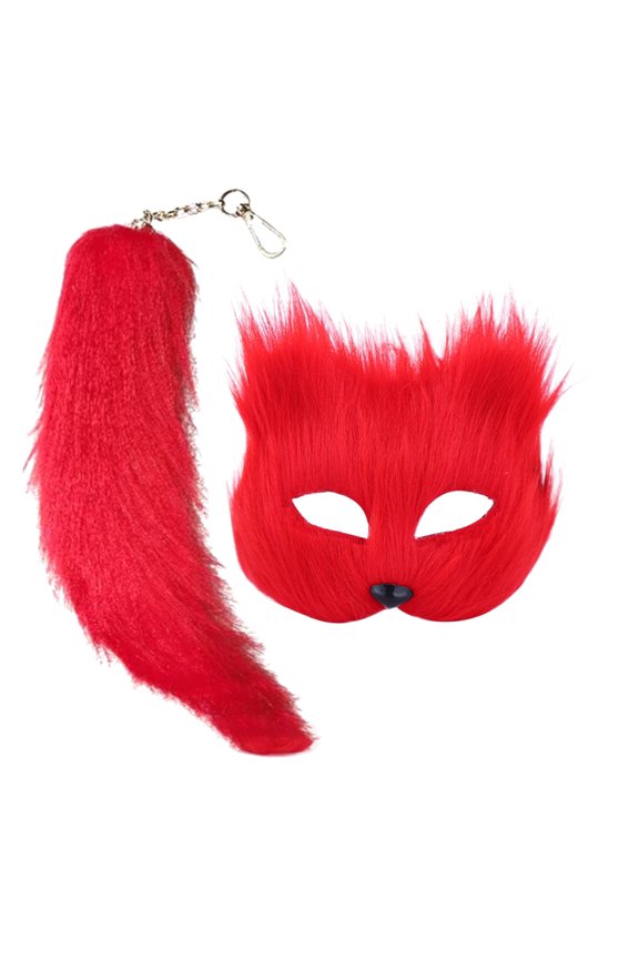 Animal Face Guard Mask for Halloween, Half Face Cover with Tail Keychain, Dance Party Makeup Accessory for Men and Women - Red