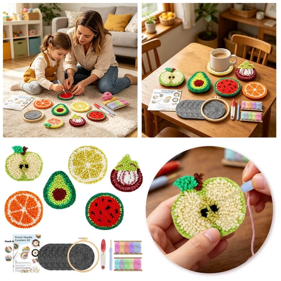 Animal Face Punch Needle Coaster DIY Craft Kit, Complete Rug Punch Embroidery Set with Yarn, , Tool & Base Fabric, Cute Pet Pattern Handmade Coaster Making Supplies for Home Table Decor