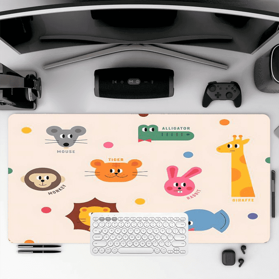 Animal Faces Mouse Pad 35.4 x 15.8 inches Rubber Desk Mat with Cartoon Monkey Tiger Lion Rabbit Giraffe Design