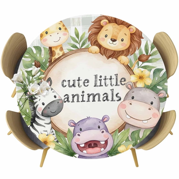 Animal Family Round Tablecloth 36-44 Inch Round Fitted Table Cloth with Elastic Edge, Lions Zebras Giraffes Tropical Palm Green Waterproof Table Cover Protector for Outdoor Picnic Party Dining