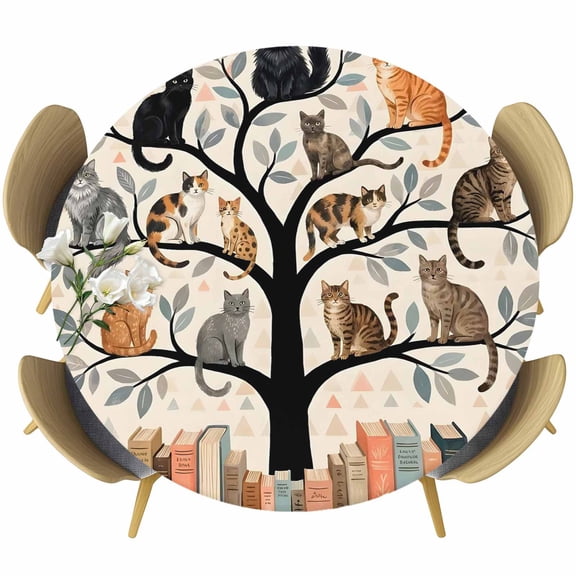 Animal Fantasy Round Tablecloth 36-44 Inch Round Fitted Table Cloth with Elastic Edge, Cat Library Vintage Black Brown Portrait Waterproof Table Cover Protector for Outdoor Picnic Party Dining