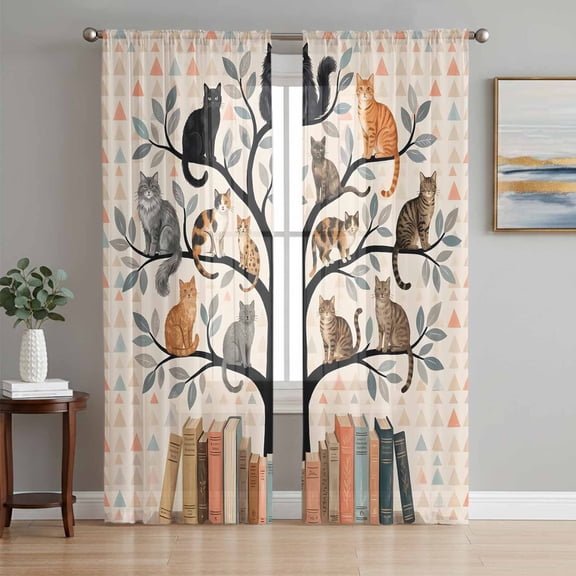 Animal Fantasy Sheer Curtains 96 Inch Length 2 Panels Set, Cat Library Vintage Black Brown Portrait Voile Window Treatment Semi Sheer Long Curtains Drapes for Bedroom/Living Room/Kitchen 52"x96"x2