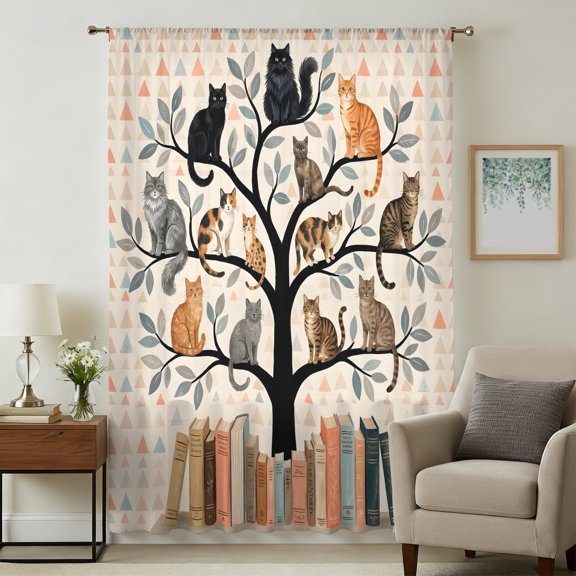 Animal Fantasy Sheer Curtains 96 Inches Long for Living Room, Cat Library Vintage Black Brown Portrait Light Filtering Privacy Drapes, Breathable Semi Sheer Window Treatment for Bedroom Dining Room