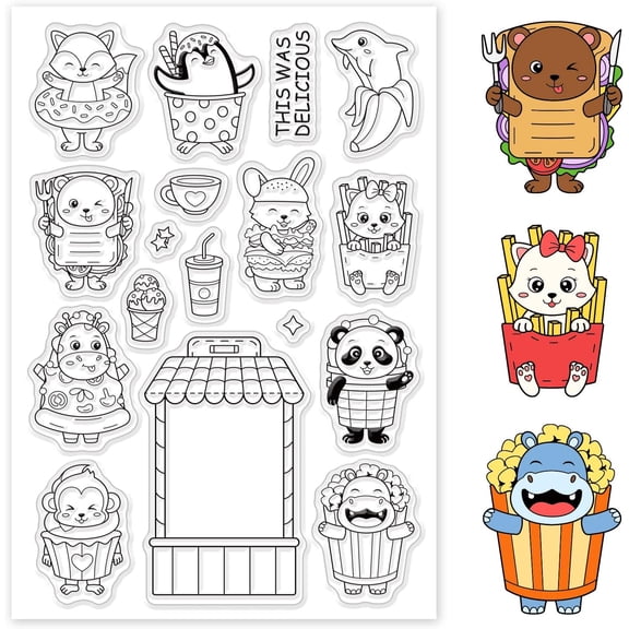 Animal Fast Food Clear Stamps Monkey Fox Cat Cows Penguin Dolphin ransparent Rubber Stamps for Scrapbooking Stamps Card Box Decoration Photo Card Album Crafting Supplies DIYDIY