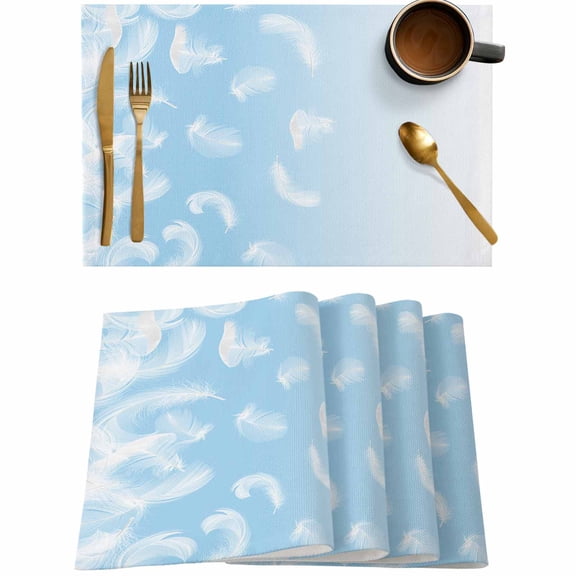 Animal Feather Blue Gradient Placemats Set of 4,Wipeable Washable Table Mats for Dining Tables,Furry White Feather Place Mats for Kitchen Event Party Tabletop Decor