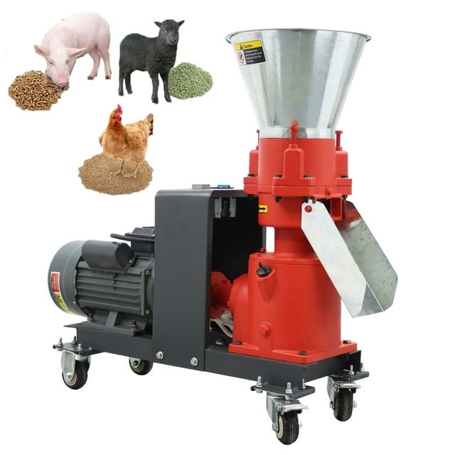 Animal Feed Pellet Mill Machine 4MM Holes Electric Feed Pelletizer with 4 Head Rollers and 2 Brake Casters 220V