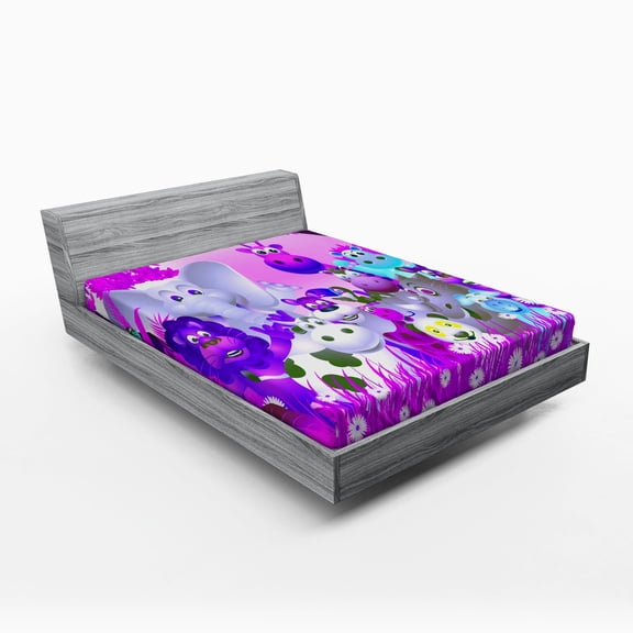 Animal Fitted Sheet, Animals in Jungle Giraffe Panda Bear Pig Lion Hippo Animation Cartoon Art, Decorative Soft Bedding All-round Elastic Pocket, Full Size, Multicolor, by Ambesonne