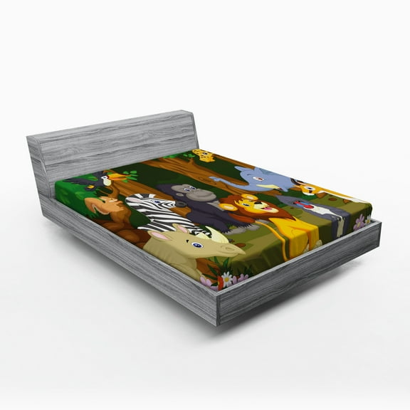 Animal Fitted Sheet, Cartoon Style Elephant Gazelle Giraffe Gorilla Lion Animals Illustration, Soft Decorative Fabric Bedding, Full Size, Brown and Fern Green, by Ambesonne