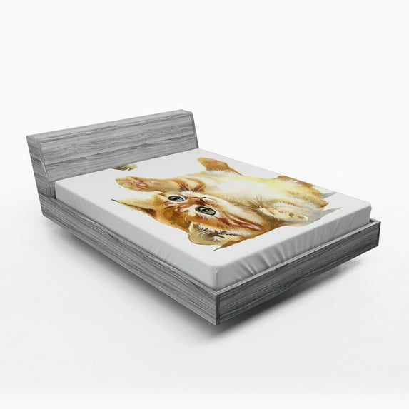 Animal Fitted Sheet, Cat Playing with Feather in Watercolors Hand Drawn Illustration Art, Soft Decorative Fabric Bedding, Full Size, Apricot Cream White, by Ambesonne