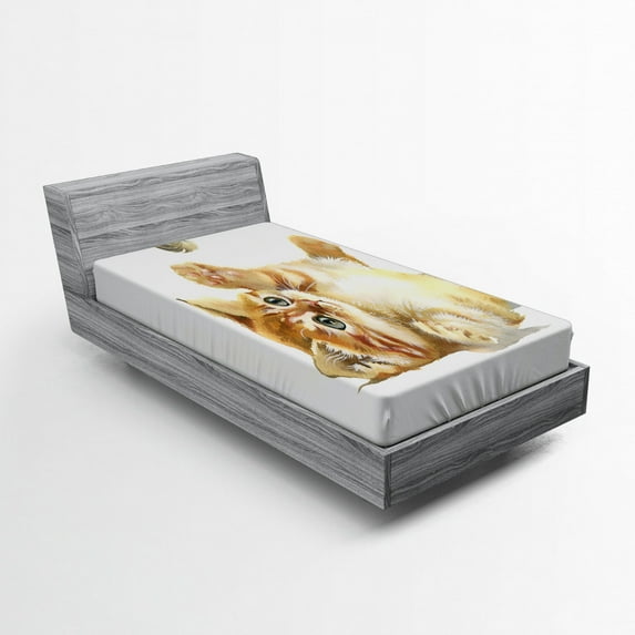 Animal Fitted Sheet, Cat Playing with Feather in Watercolors Hand Drawn Illustration Art, Soft Decorative Fabric Bedding, Twin XL Size, Apricot Cream White, by Ambesonne