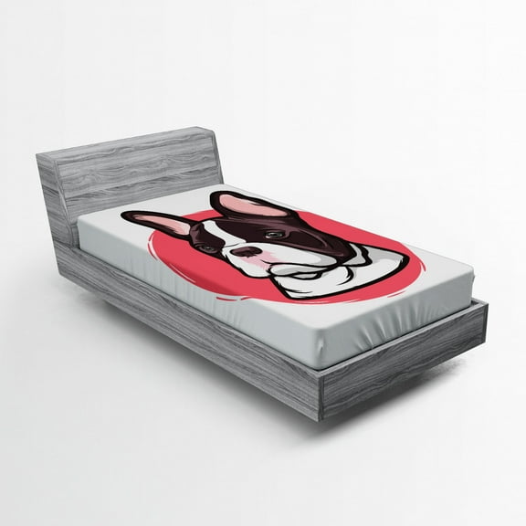 Animal Fitted Sheet, French Bulldog Portrait Hipster Purebred Creature Pet Illustration, Soft Decorative Fabric Bedding, Twin XL Size, Pink Brown, by Ambesonne