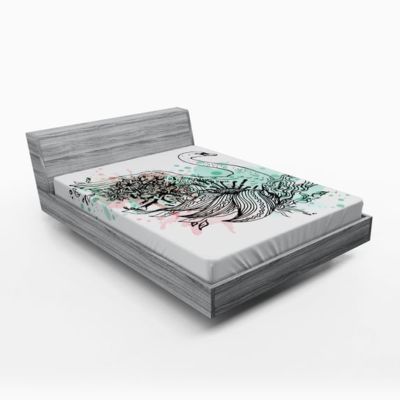 Animal Fitted Sheet, Hand Sketch Swan Bird Floral Details and Color Splashes Watercolors, Soft Decorative Fabric Bedding, Full Size, Mint Green Pale Pink, by Ambesonne