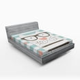 thumbnail image 1 of Animal Fitted Sheet, Hipster Cartoon Cat with Glasses Hearts and Stripes and Writing Artwork, Soft Decorative Fabric Bedding, Full Size, White Blue and Pink, by Ambesonne, 1 of 2