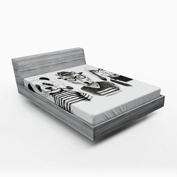 Animal Fitted Sheet, Hipster Panda Bear Cigar Fox and Rabbit Glasses in Human Clothes Illustration, Soft Decorative Fabric Bedding, Queen Size, Black Grey White, by Ambesonne