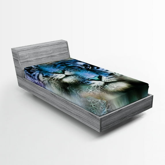 Animal Fitted Sheet, Illustration of 2 Tigers Savannah Cat Wild Furious Life Big Animals Art Print, Decorative Soft Bedding All-round Elastic Pocket, Twin XL Size, White Black Blue, by Ambesonne