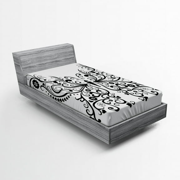 Animal Fitted Sheet, Madam Butterfly Swirled Wings with Flower Nature Image Nature Print, Soft Decorative Fabric Bedding, Twin XL Size, White and Black, by Ambesonne