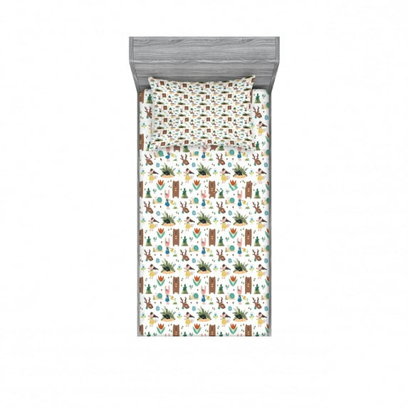 Animal Fitted Sheet & Pillow Sham Set, Cartoon Style Cheerful Woodland Animals as Bear Mole Deer Rabbit and Snail, Decorative Printed 2 Piece Bedding Decor Set, Twin, Multicolor, by Ambesonne