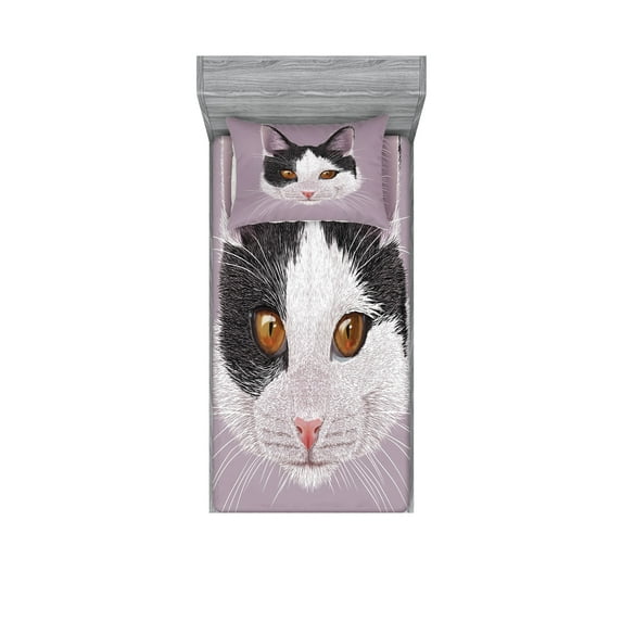 Animal Fitted Sheet & Pillow Sham Set, Cat Kitty Portrait Young Domestic with Funny Whiskers Pet Humor Graphic, Decorative Printed 4 Piece Bedding Decor Set, Twin, Lilac Black White, by Ambesonne