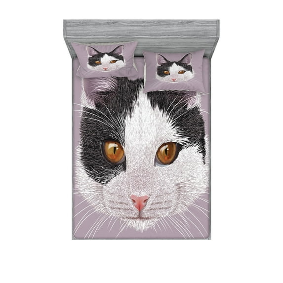 Animal Fitted Sheet & Pillow Sham Set, Cat Kitty Portrait Young Domestic with Funny Whiskers Pet Humor Graphic, Decorative Printed 6 Piece Bedding Decor Set, King, Lilac Black White, by Ambesonne