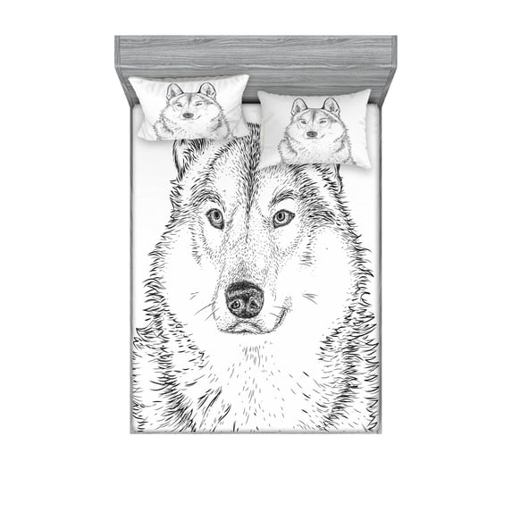 Animal Fitted Sheet & Pillow Sham Set, Wildlife Woods Winter Animal Wolf Dog Sketchy Hand Drawn Image Art Print, Decorative Printed 6 Piece Bedding Decor Set, Queen, Black and White, by Ambesonne