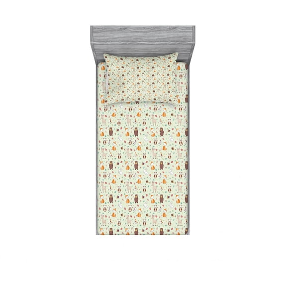 Animal Fitted Sheet & Pillow Sham Set, Woodland Concept Childish Pattern with Forest Animals Deer Fox Bear Rabbit and Owl, Decorative Printed 2 Piece Bedding Decor Set, Twin, Teal, by Ambesonne