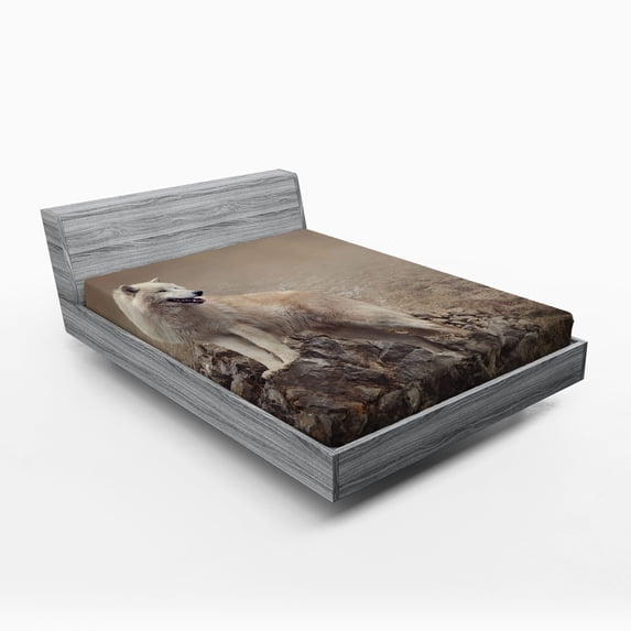 Animal Fitted Sheet, White Wolf on Rocks at the Night Misty Weather Wildlife Nature Scenery Print, Decorative Soft Bedding All-round Elastic Pocket, Full Size, Warm Taupe, by Ambesonne
