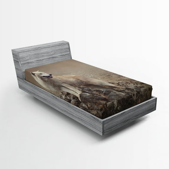 Animal Fitted Sheet, White Wolf on Rocks at the Night Misty Weather Wildlife Nature Scenery Print, Decorative Soft Bedding All-round Elastic Pocket, Twin Size, Warm Taupe, by Ambesonne