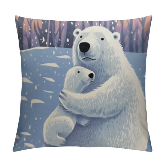 Animal Flannel Fleece Pillow Cushion Cover, Mother Polar Bear Hugging Her in The Snow North Winter Love Keeps Warm Art, Decorative Square Accent Pillow Case,White Blue