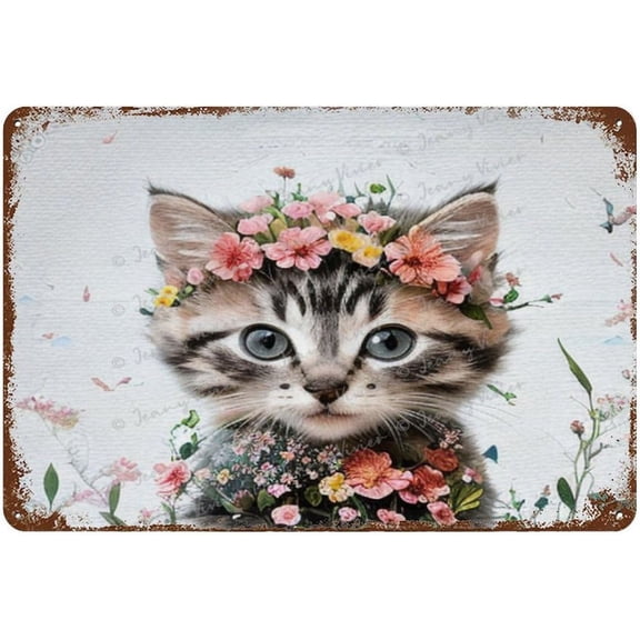 Animal Floral Crown Prints 8"x12", Nursery Decor, Cute Kitty with Flowers Crown Metal Tin Sign, Kids Baby Girl Room Wall Decor, Boho Shabby Chic Picture, Farmhouse, Farm Theme Gift