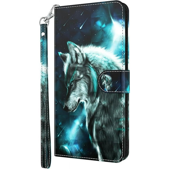 Animal Flower Motif Flip Wallet Stand Phone Case for iPhone 14 13 12 11 Pro Max Plus Mini, Card Holder, Hand Strap, Leather Back Cover, Painted Protective Shell(Wolf,11 Pro Max)