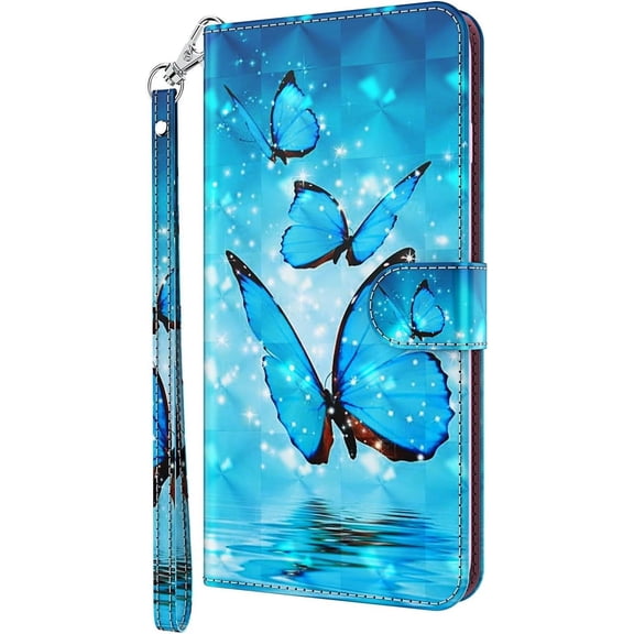 Animal Flower Motif Flip Wallet Stand Phone Case for iPhone 14 13 12 11 Pro Max Plus Mini, Card Holder, Hand Strap, Leather Back Cover, Painted Protective Shell(Blue,13 Mini)