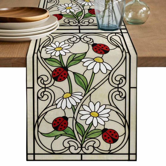 Animal Flowers Table Runner, Vintage Country Glass Daisy Floral Plant Washable Cotton Linen Table Runners 36 Inches Long, Dresser Scarf Runner for Nightstand/End Tables/Round Tables 13''x36''