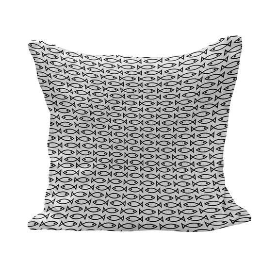 Animal Fluffy Throw Pillow Cushion Cover, Minimalist Simple Abstract Fish Pattern Retro Modern Monochrome Print, Decorative Square Accent Pillow Case, 18" x 18", Black and White, by Ambesonne