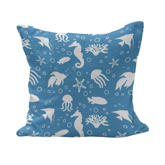 Animal Fluffy Throw Pillow Cushion Cover, Mix of Seahorses Pipefishes and Others Swimming Diving Deep Zone Summertime, Decorative Square Accent Pillow Case, 18" x 18", Turquoise White, by Ambesonne