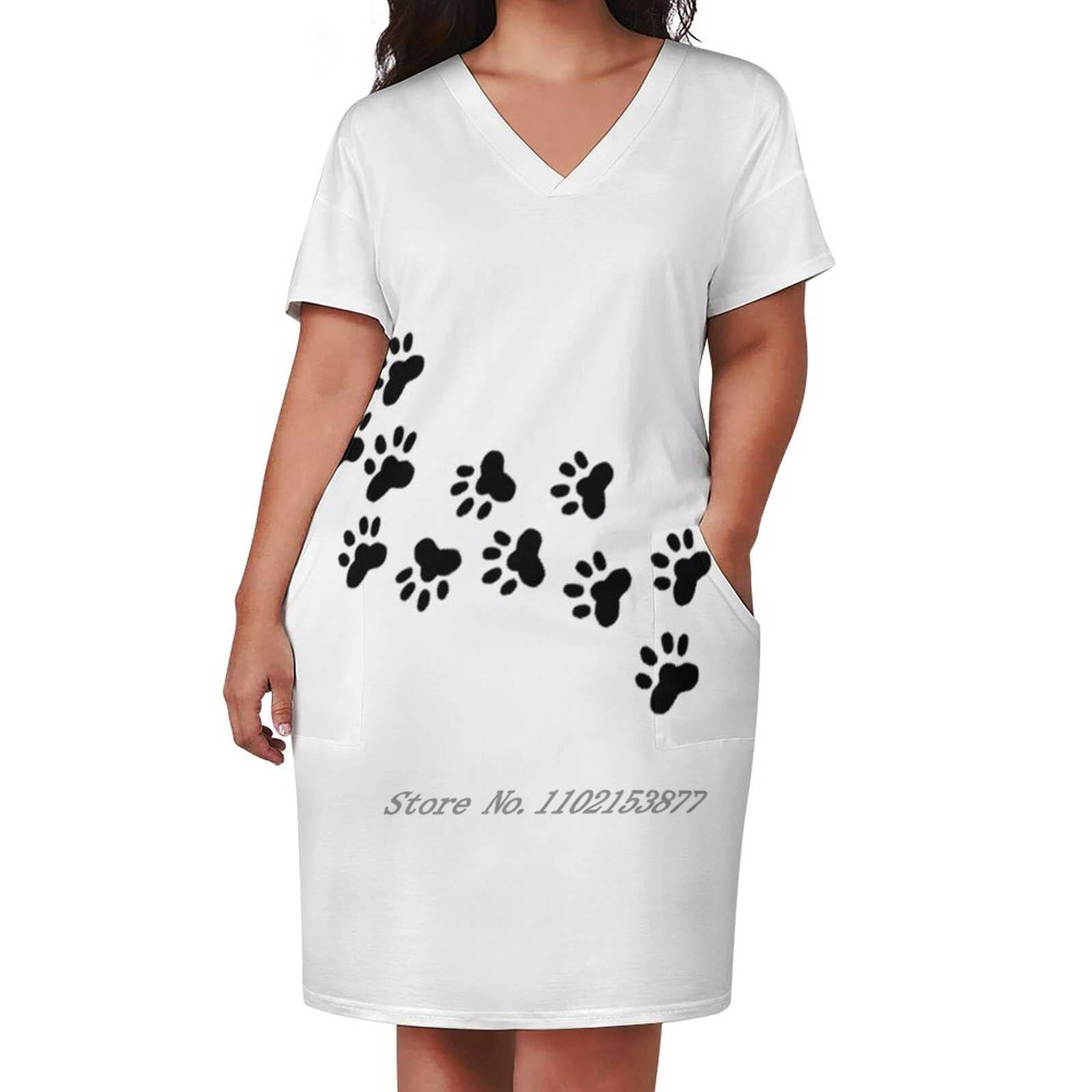 Animal Footprints Loose Pocket Dress Fashion Print Dress Short Sleeve V