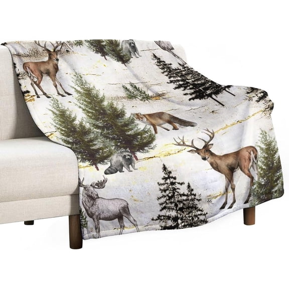 Animal Forest Flannel Blankets, Rustic Woodland Wild Animal Bear Deer Fox Wolf Country Lodge Cabin Throw Bed Blanket for Sofa Chair Bed 60"x80"