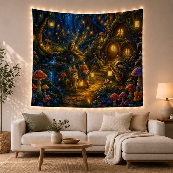 Animal Forest Path with Lanterns Bridge and Cottage, Cozy Fantasy Style for Animal Lovers, Wall Decor, Housewarming Gift, Tapestry Wall Hanging for Bedroom and Dorm