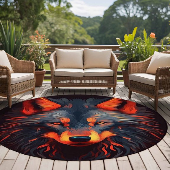 Animal Fox 8ft Round Rug for Open Concept Living Room Seating Zone, Ears Nose Washable Non Slip Large Circle Area Rug