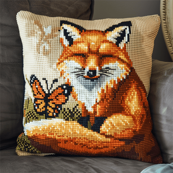 Animal Fox Printed Cross Stitch Pillow Case Kits , 45X45cm , DIY Handmade Embroidered for Home Decor (11ct)